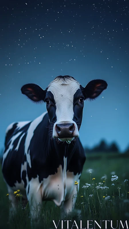 Holstein cow stands in a field under a clear starry sky