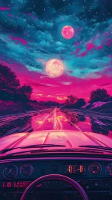 Twin-moon highway cruise under neon-drenched cosmic skies.