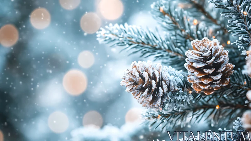 Macro bokeh study of frosted pinecones on snowlit fir branch.