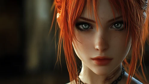 High-detail red-haired heroine portrait with cinematic depth of field