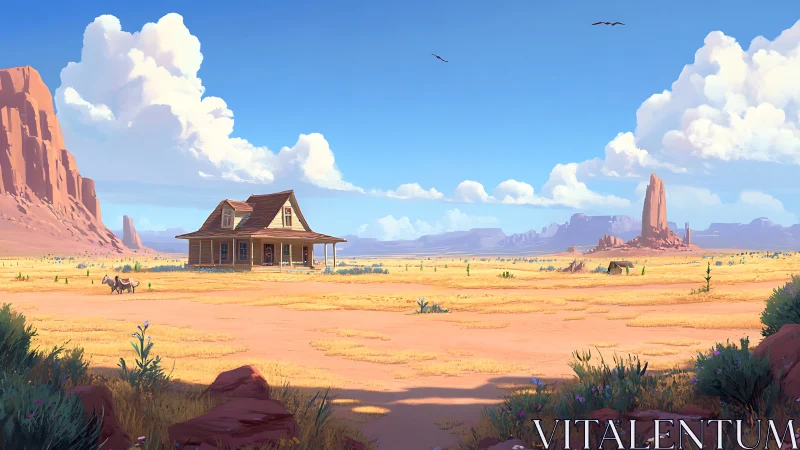 Quiet desert homestead under bright, storybook skies.