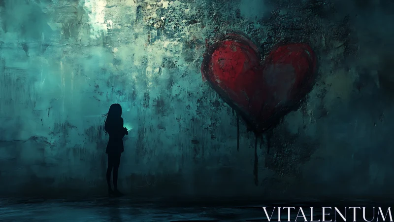 Silhouetted figure confronts large red heart on deteriorating teal wall