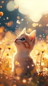 Luminescent Kitten in Golden Bokeh Field - Digital Rendering.