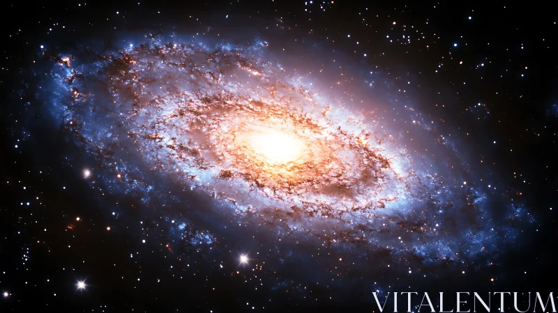 Spiral galaxy glows with a welcoming golden heart in space