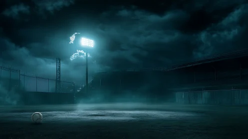 Nocturnal stadium geometry under vapor-lit floodlights.