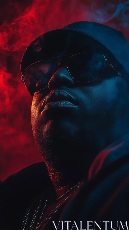 Moody hip-hop portrait in red and blue neon haze.