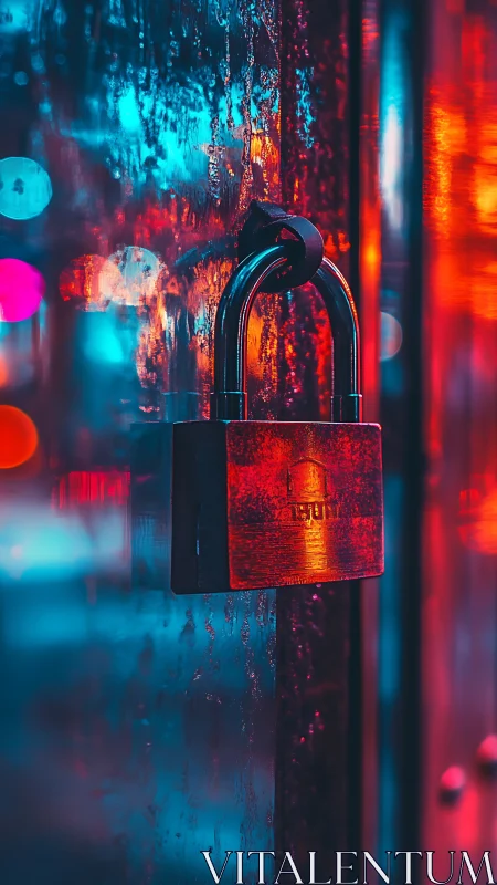 Neon Padlock Against Digital Rain Wall