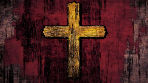 Weathered yellow cross on distressed red painted surface.