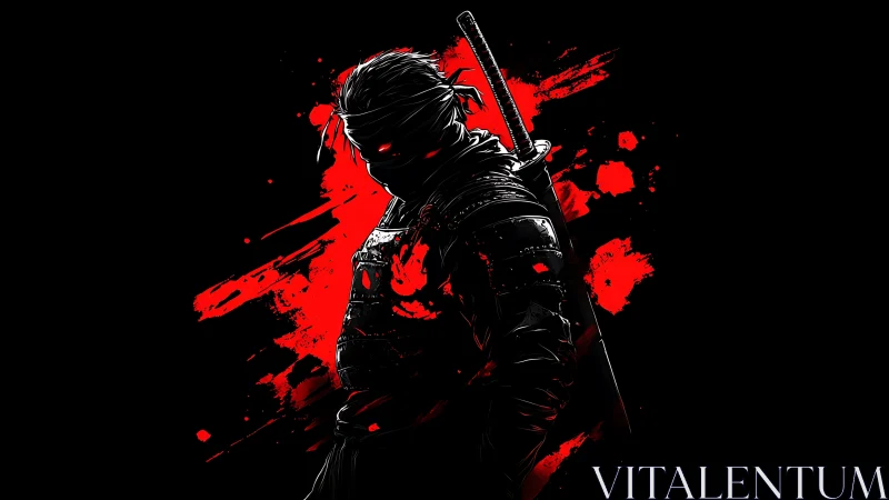 Midnight ninja framed in bold crimson splashes of motion.