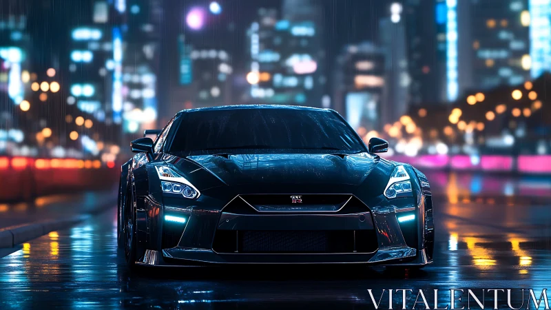 Sports coupe on wet neon city street at night in rain.