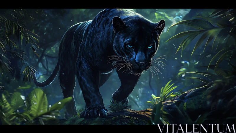 Black Panther with Glowing Blue Eyes in Jungle Foliage