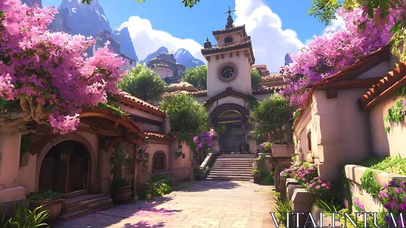 Mediterranean courtyard villa under blossoms at mountainside.