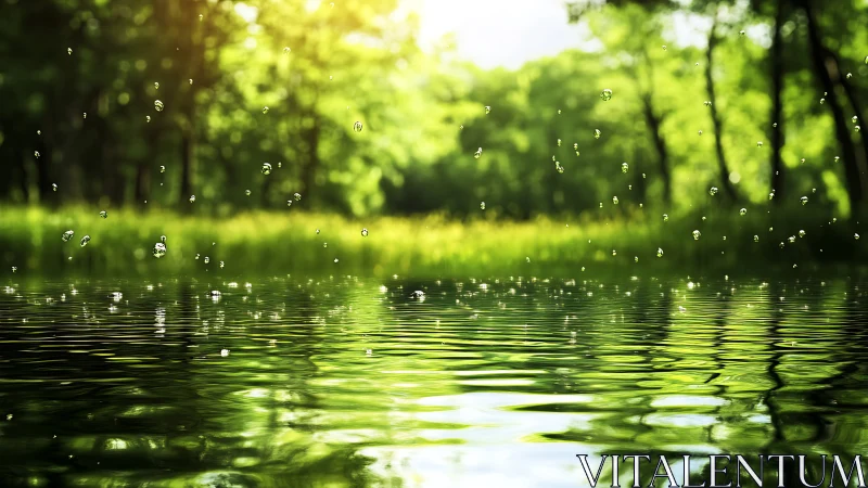 Luminous Rain on Forested Waterway at Golden Hour