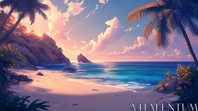 Tropical Cove Sunset: Digital Landscape with Golden Hour Illumination
