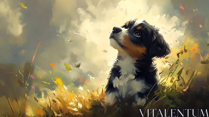 Puppy portrait under luminous meadow sky in painterly brushwork.