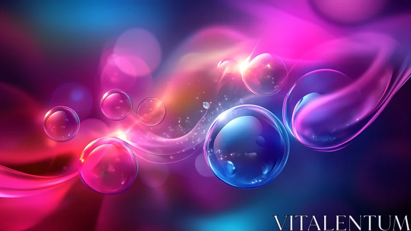 Glowing neon bubbles drift through flowing cosmic light