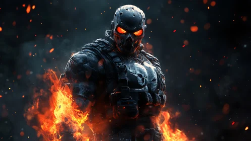 Armored skull warrior emerges from flames in a dark inferno