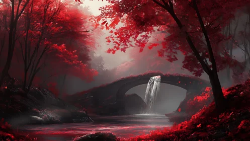 Scarlet forest bridge cradles a gentle waterfall’s glow