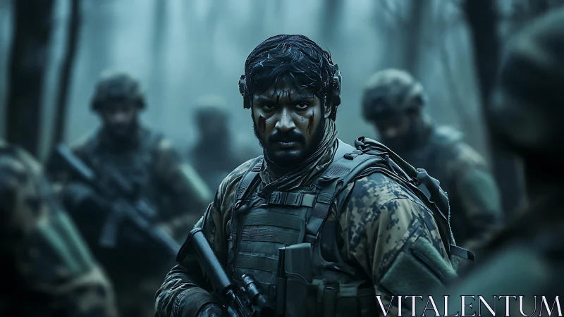 Soldier in tactical gear amid armed squad in forest setting.