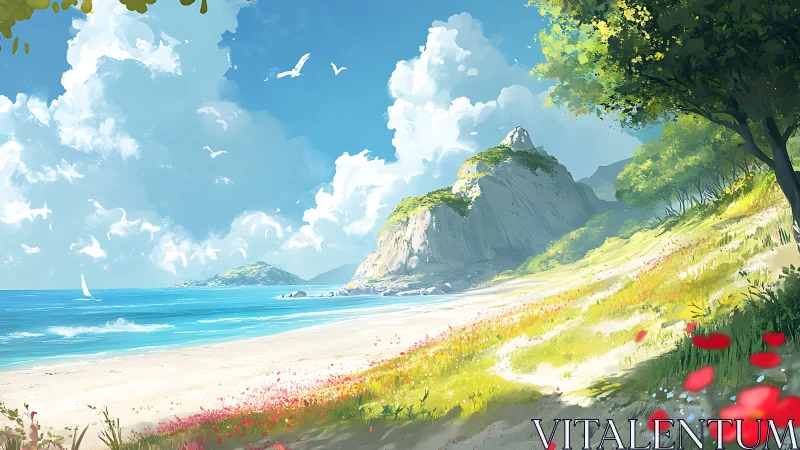 Coastal Landscape with Geometric Cliff Formation and Atmospheric Sky.