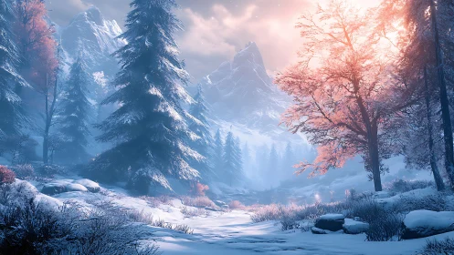 Snow-covered conifer forest with distant alpine peaks.