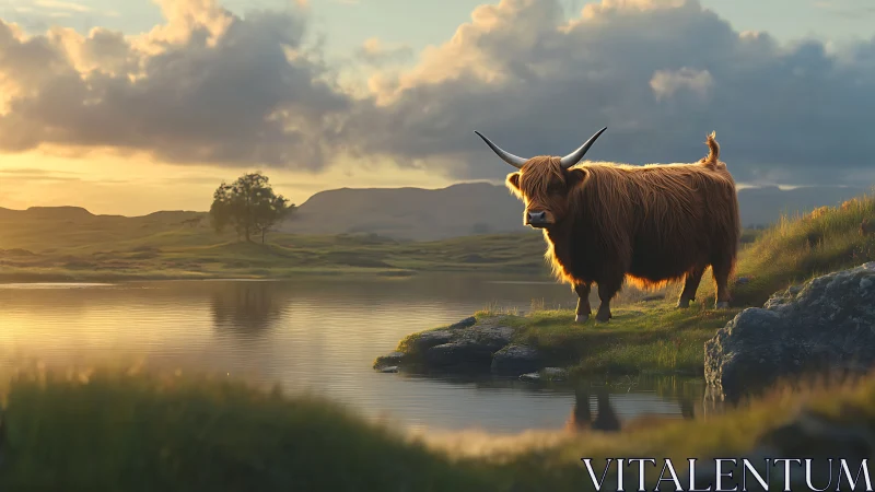 Highland cow at golden lakeside under dramatic clouds.