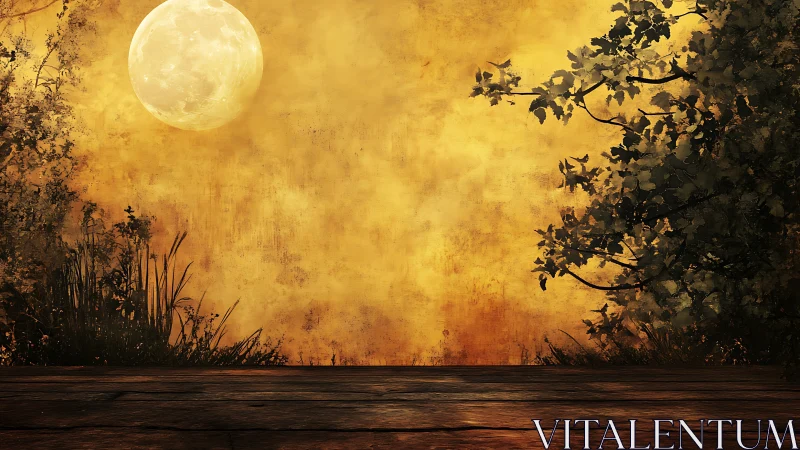 Full moon over rustic wooden stage in golden dusk haze