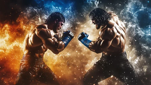 Two Boxers In Dynamic Combat Stance With Elemental Energy Effects