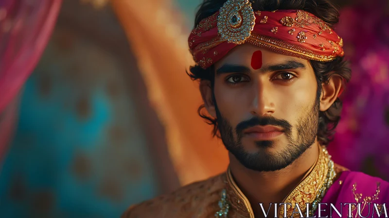 Regal groom in vibrant turban sharing a calm, kind gaze.