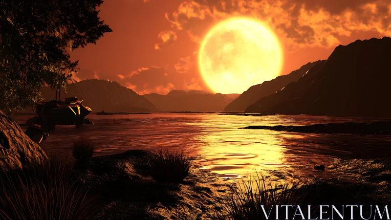 Golden alien sunset over a tranquil mountain shoreline.