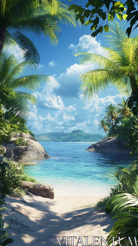 Tropical Cove Framed by Palm Canopy and Crystalline Waters.