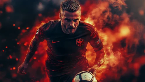 Dynamic forward sprint amid volumetric fiery particle field.