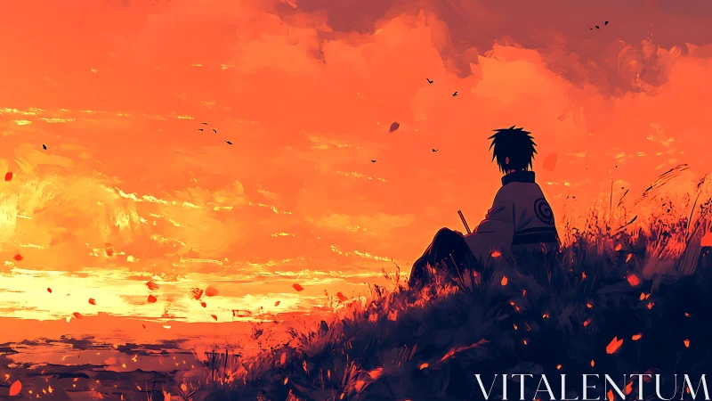 Silhouetted figure sits on hillside watching intense sunset