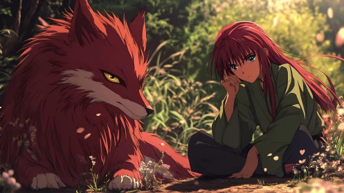 Red-haired wanderer with fox spirit in dappled forest light.