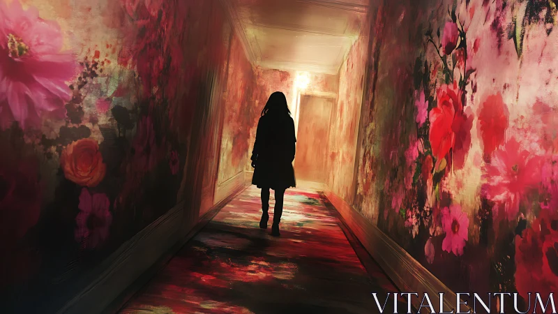 Silhouetted woman walking down vivid floral hallway.