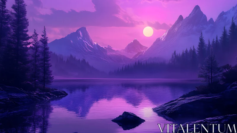 Purple-toned alpine lake under full sun and distant peaks.