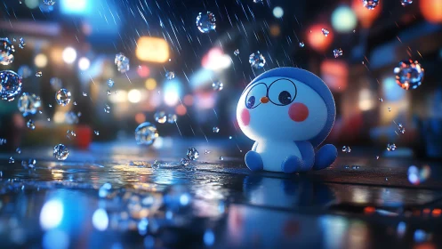 Cute blue toy penguin in night rain on city street.