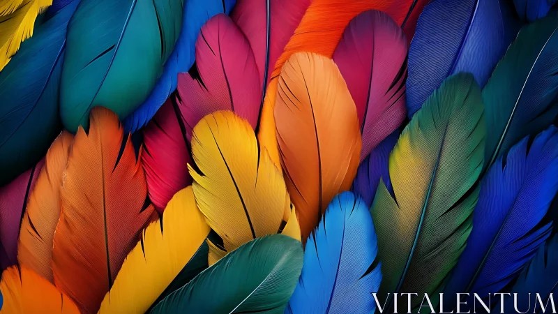 Macro study of overlapping multicolor feathers, high saturation