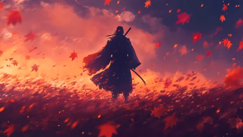 Lone samurai silhouette walks through emberlit autumn field