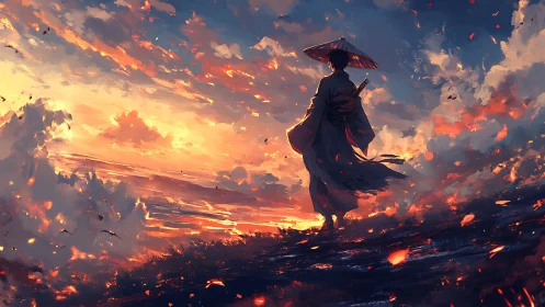 Lone samurai silhouette against dramatic sunset sky.