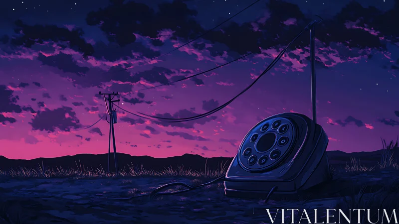 Retro rotary phone rests beneath a neon dusk sky.