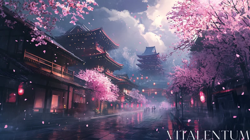 Cherry blossoms frame misty night street before pagoda