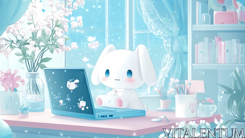 Cute bunny character works at pastel blue laptop desk