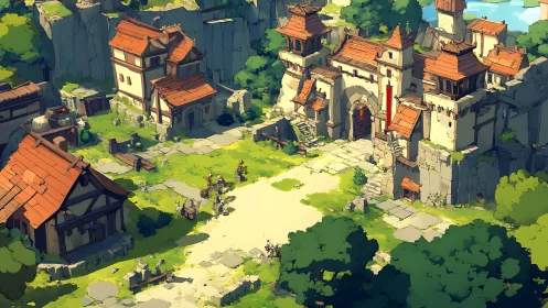 Sunlit medieval fortress courtyard welcomes wandering adventurers