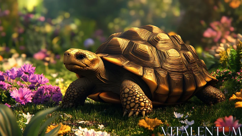 High-detail 3D tortoise model illuminated by warm volumetric garden light