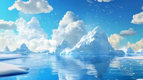 Hyperreal arctic seascape with cumulus clouds and icebergs