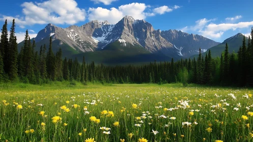 Alpine meadow exhibits dense wildflowers against stratified peaks