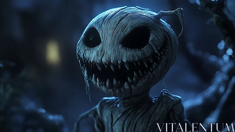 Night forest creature smiles with a haunting wooden grin