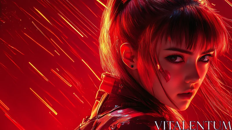 Cybernetic woman in red neon backlight with motion streaks