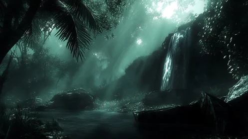 Cascading Waterfall Through Misty Jungle Canopy.
